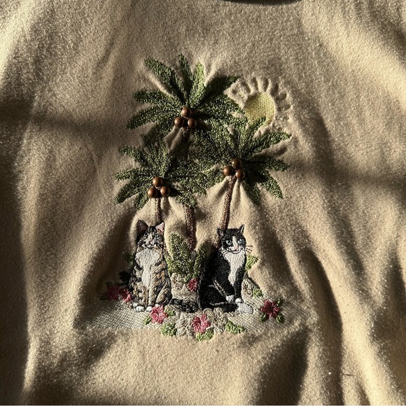 Vintage BonWorth Beige Embroidery Cat & Palm Beachy Top Boho Women’s Medium - Picture 4 of 12